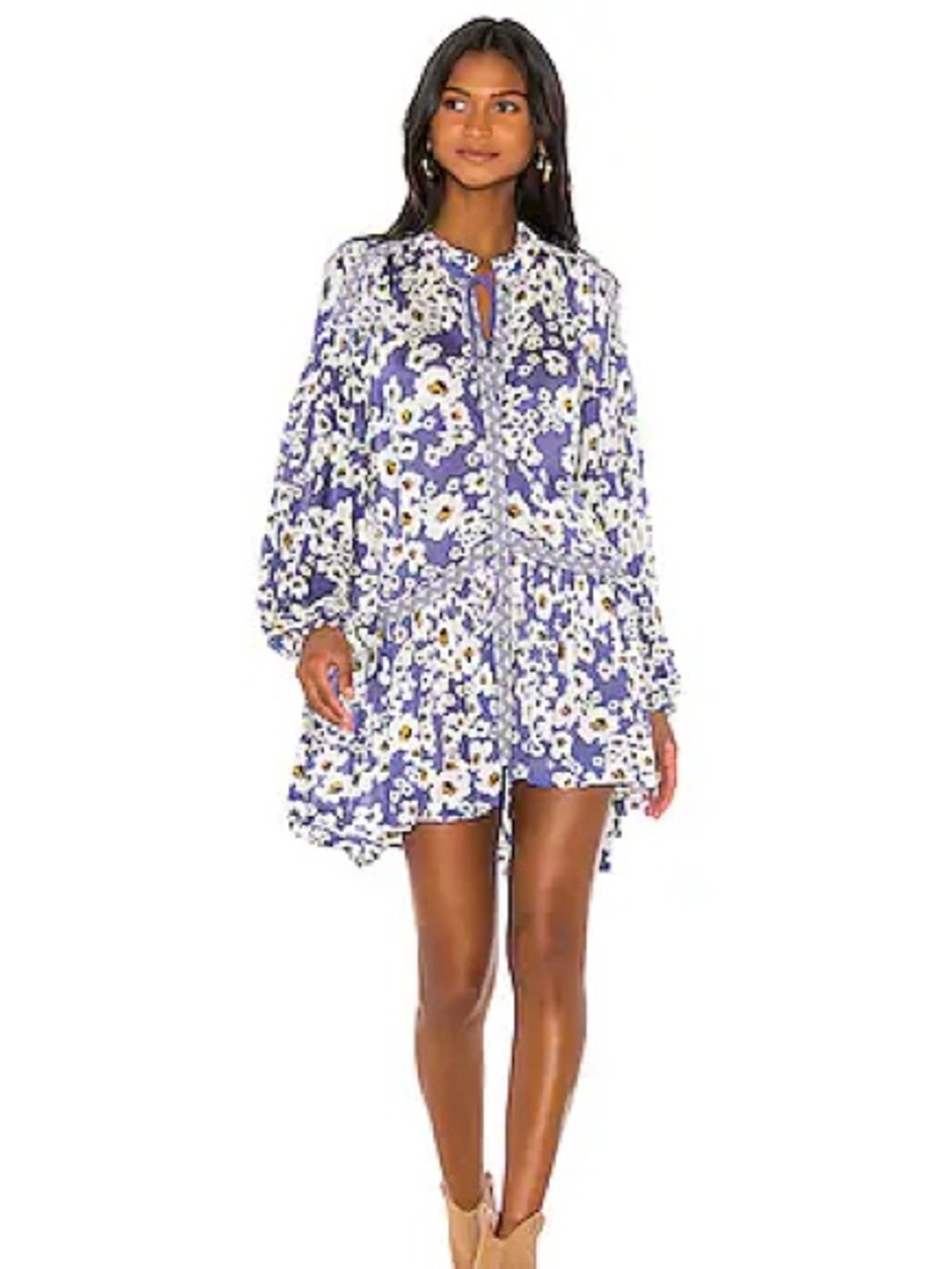Free People Love Letter Tunic Blue Floral Long Sleeve Mini Dress sz XS